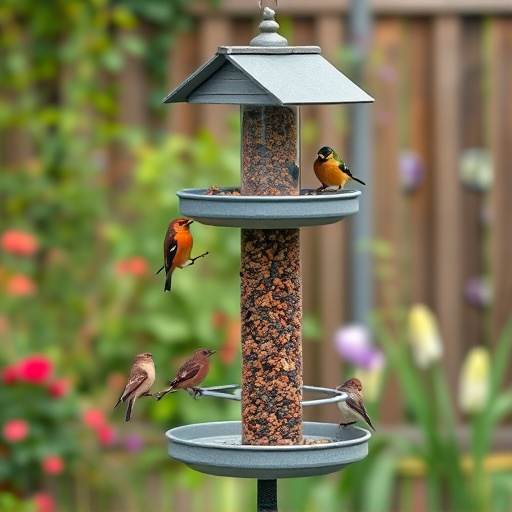 Multi-level bird feeding station in garden