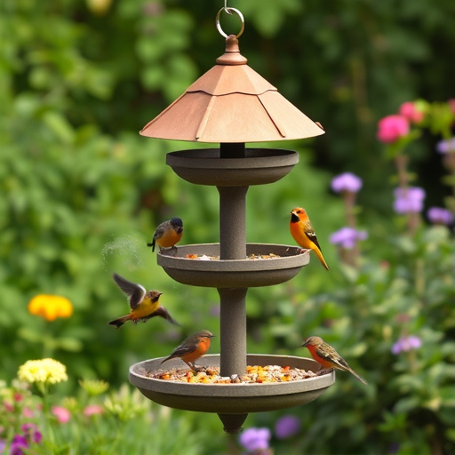 Multi-level bird feeding station in garden