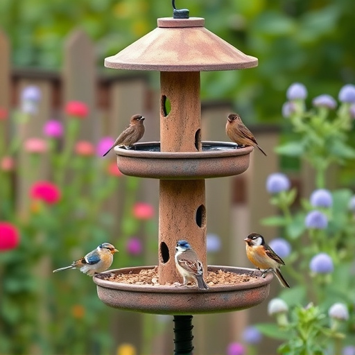 Multi-level bird feeding station in garden