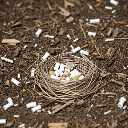 Nesting material scattered on ground