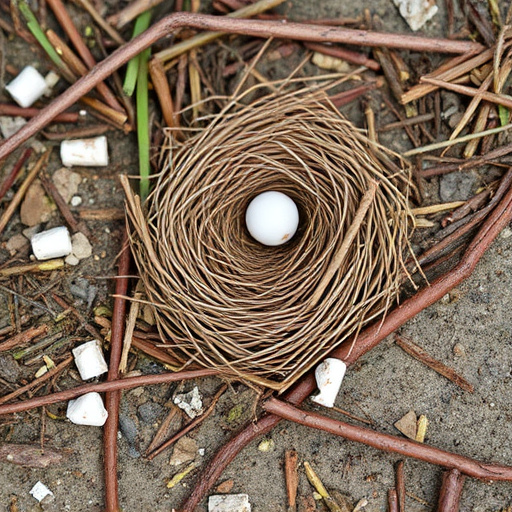 Nesting material scattered on ground