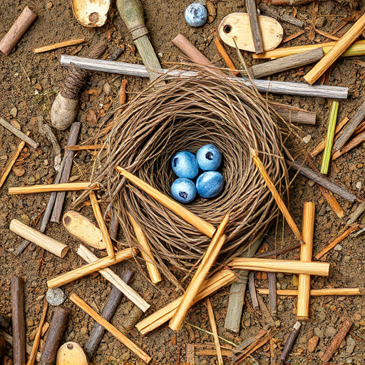 Nesting material scattered on ground