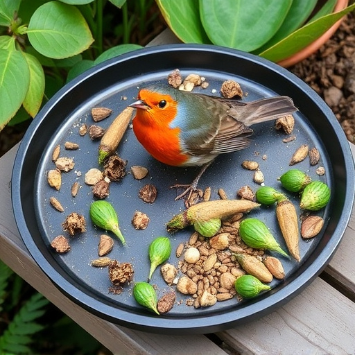 Outdoor tray with robin-attracting seeds