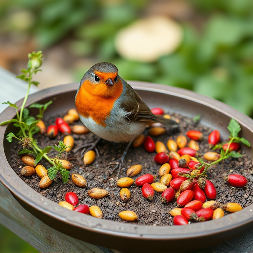 Outdoor tray with robin-attracting seeds