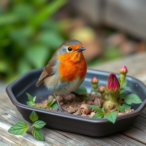 Outdoor tray with robin-attracting seeds
