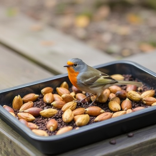 Outdoor tray with robin-attracting seeds