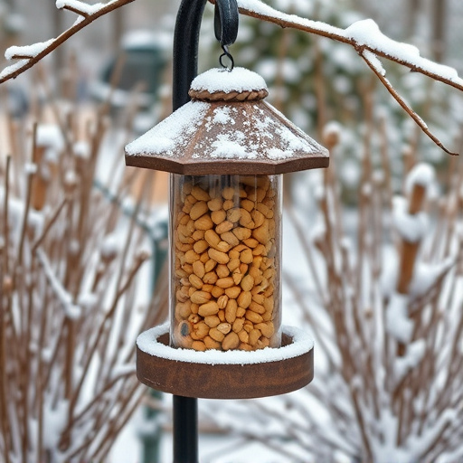 Peanut feeder surrounded by winter garden scenery
