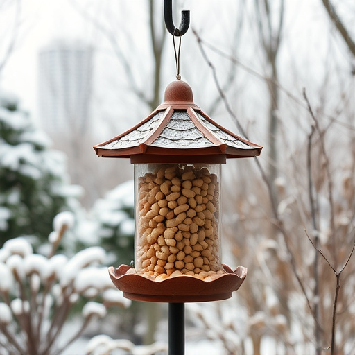 Peanut feeder surrounded by winter garden scenery