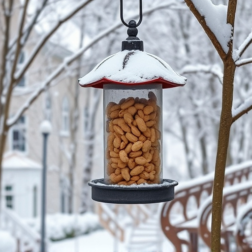 Peanut feeder surrounded by winter garden scenery