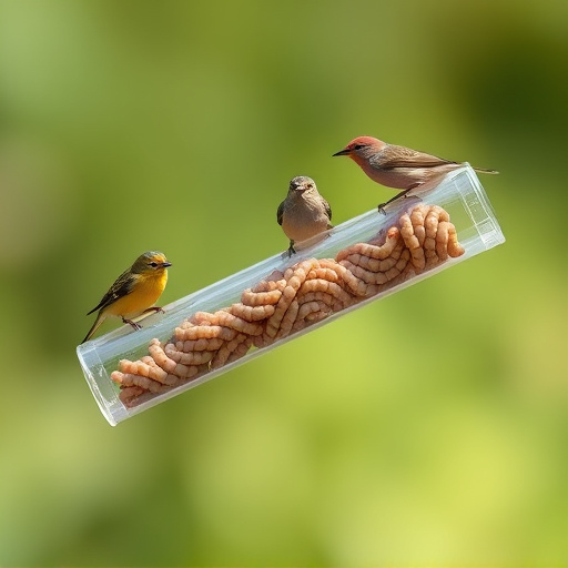 Plastic mealworm tube with bird visitors