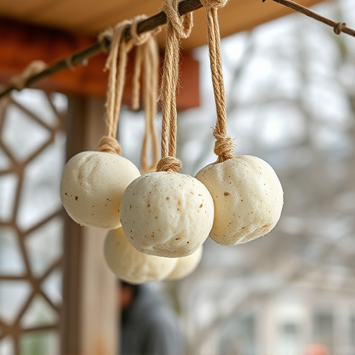 Processed suet balls hanging outside