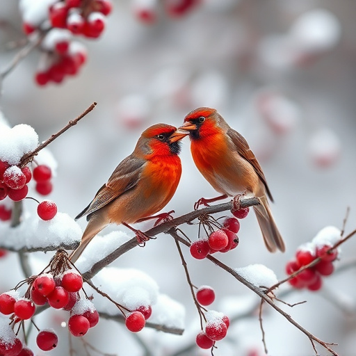 Redwings feeding on berries in snow