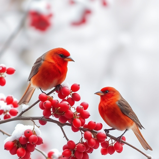Redwings feeding on berries in snow