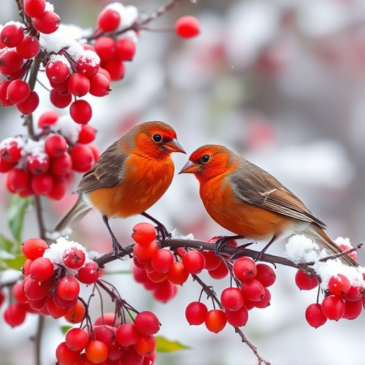 Redwings feeding on berries in snow