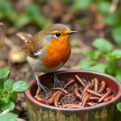 Robin eating mealworms from garden dish