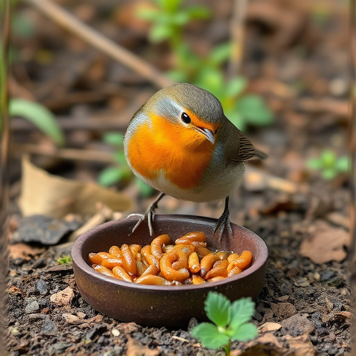 Robin eating mealworms from garden dish