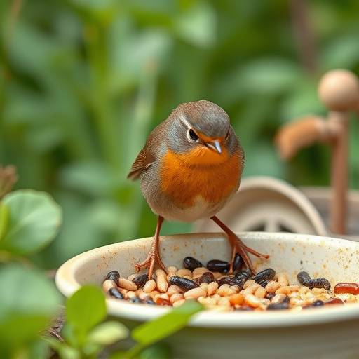 Robin eating mealworms from garden dish