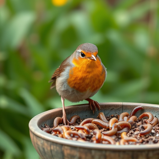 Robin eating mealworms from garden dish