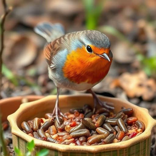 Robin eating mealworms from garden dish