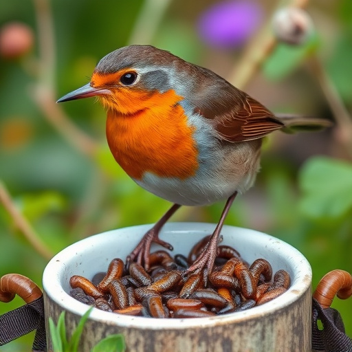Robin eating mealworms from garden dish