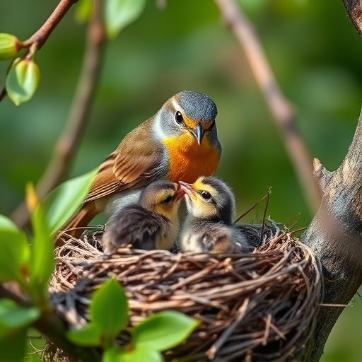 Robin feeding chick in spring nest