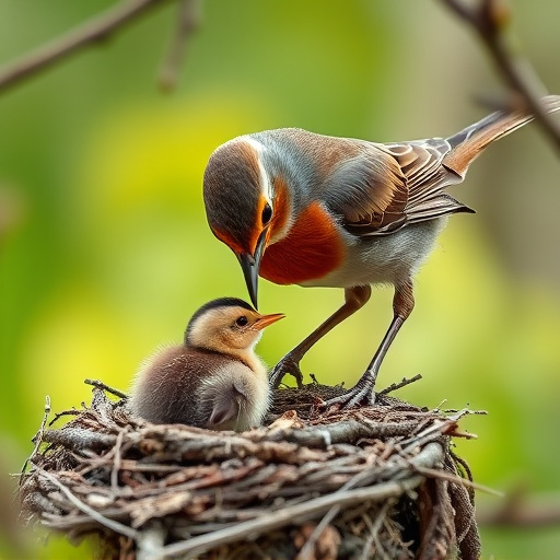 Robin feeding chick in spring nest