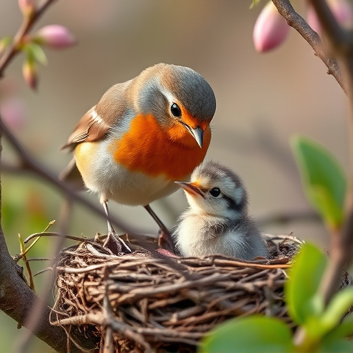 Robin feeding chick in spring nest