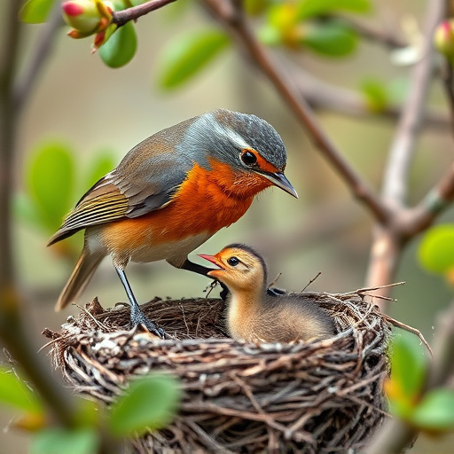 Robin feeding chick in spring nest