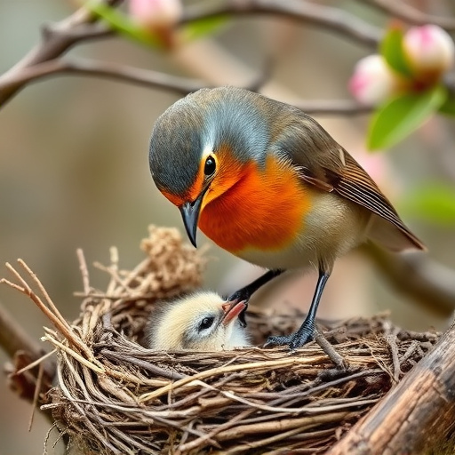 Robin feeding chick in spring nest