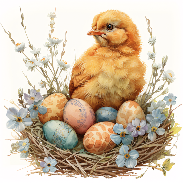Robin feeding chick in spring nest