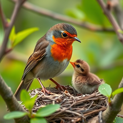 Robin feeding chick in spring nest