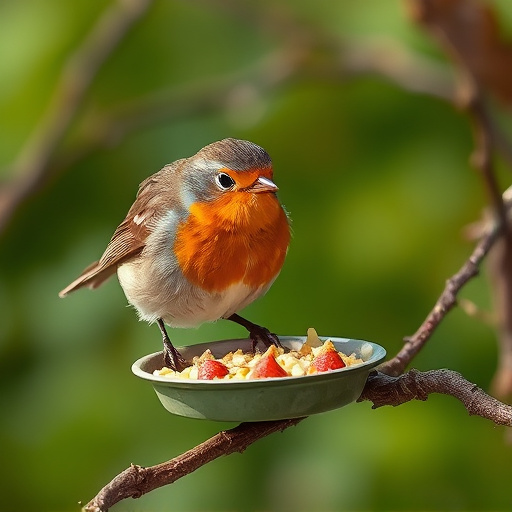 Robin feeding from low dish of suet