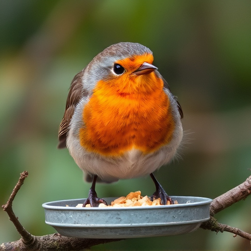 Robin feeding from low dish of suet
