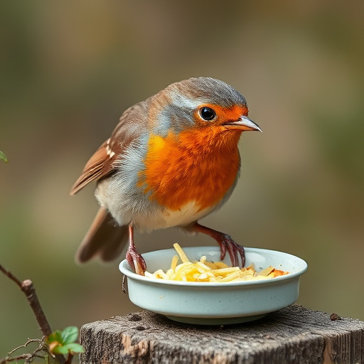 Robin feeding from low dish of suet