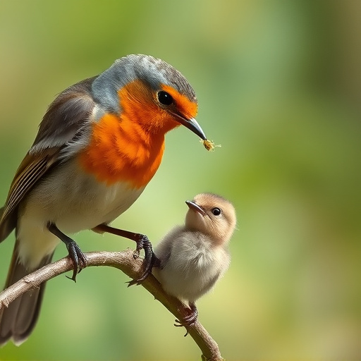Robin feeding young with insects