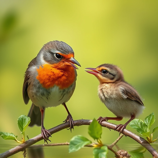 Robin feeding young with insects