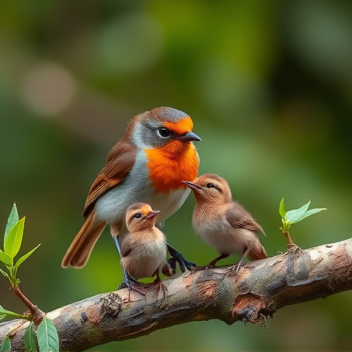 Robin feeding young with insects