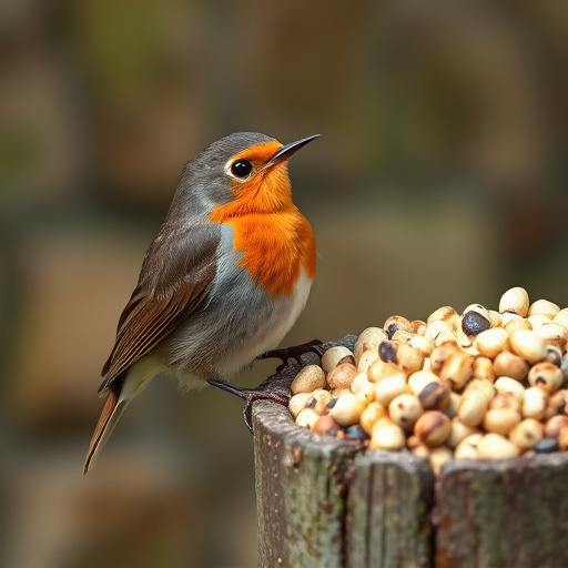 Robin pecking at suet pellets
