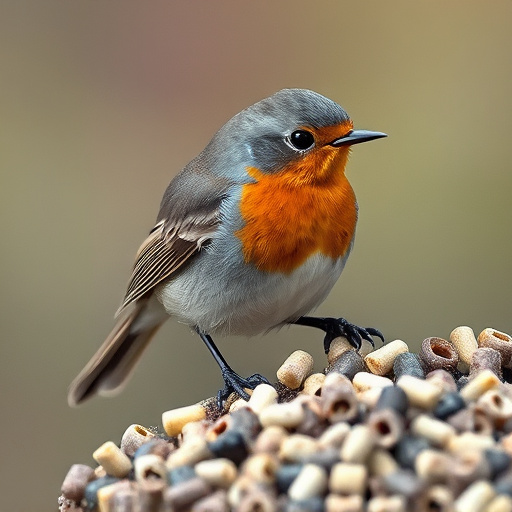 Robin pecking at suet pellets
