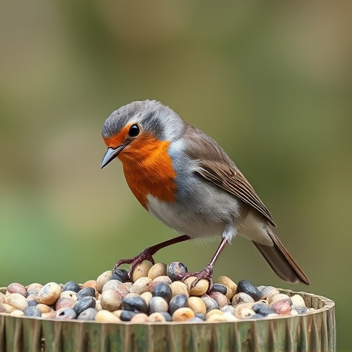 Robin pecking at suet pellets