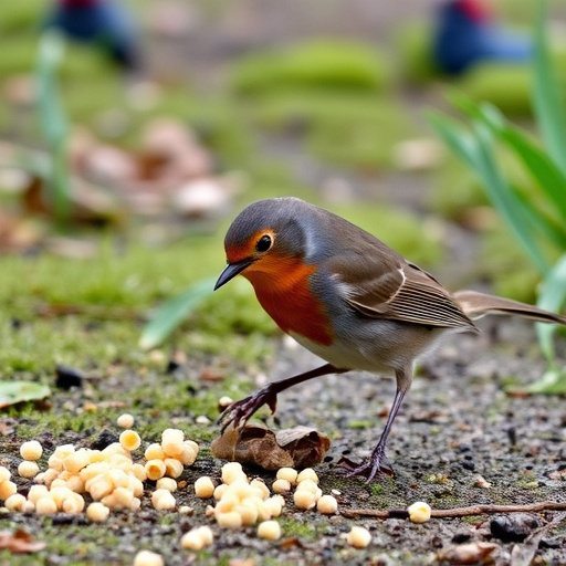 Robin pecking at suet pellets on ground