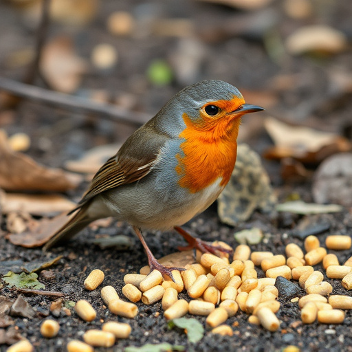 Robin pecking at suet pellets on ground