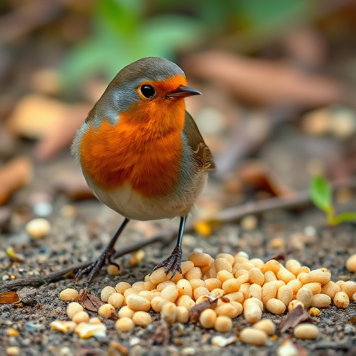 Robin pecking at suet pellets on ground