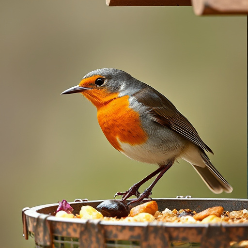 Robin pecking food from bird table