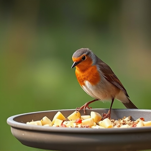 Robin pecking food from bird table