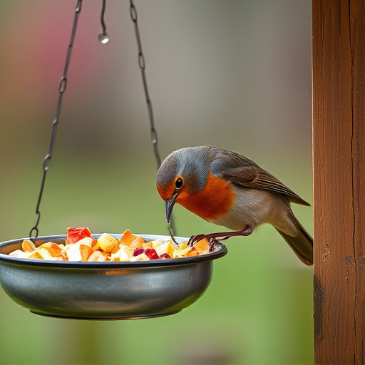 Robin pecking food from bird table