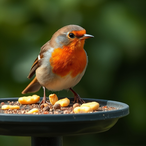 Robin pecking food from bird table