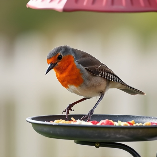 Robin pecking food from bird table