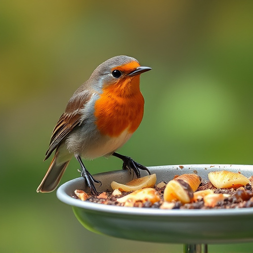 Robin pecking food from bird table