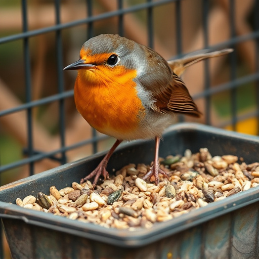 Robin pecking seed inside caged tray
